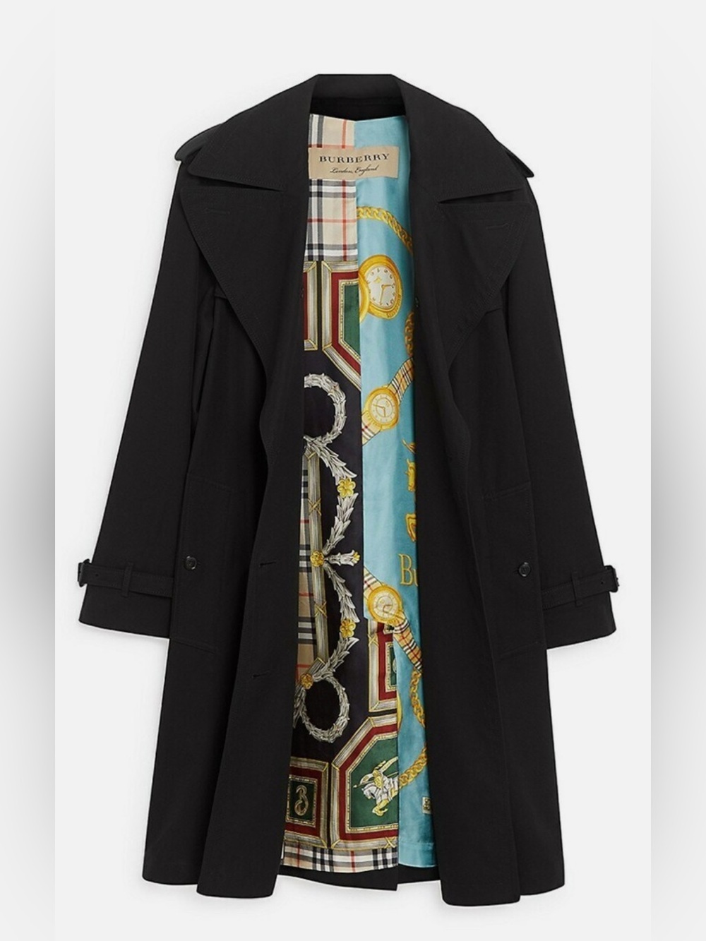 Burberry Black Trench Coat with Patterned Multicolor Lining